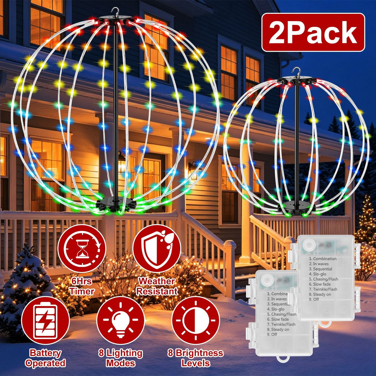 RGB LED Christmas Sphere Lights 2-Pack with Remote Control
