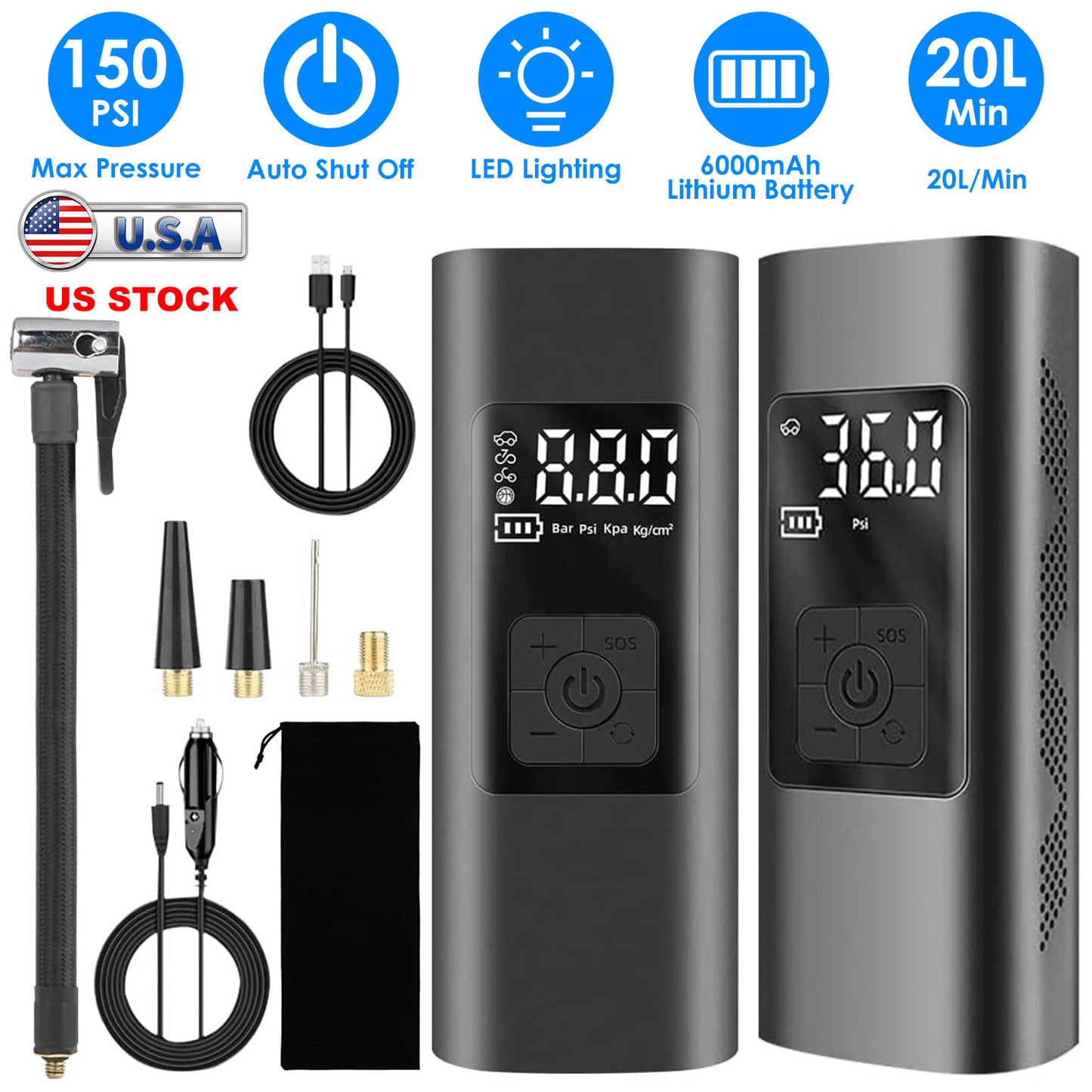 Cordless Tire Inflator 150PSI with 6000mAh Battery