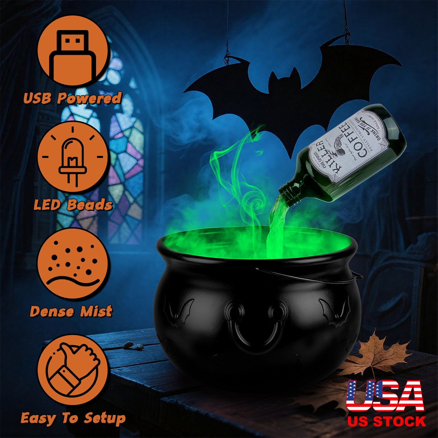 Floating Bottle Witch Cauldron with Mist Maker & Green Light