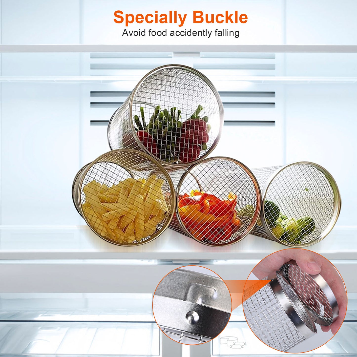 Stainless Steel Rolling Grill Basket Set - 2 Pack with Hooks
