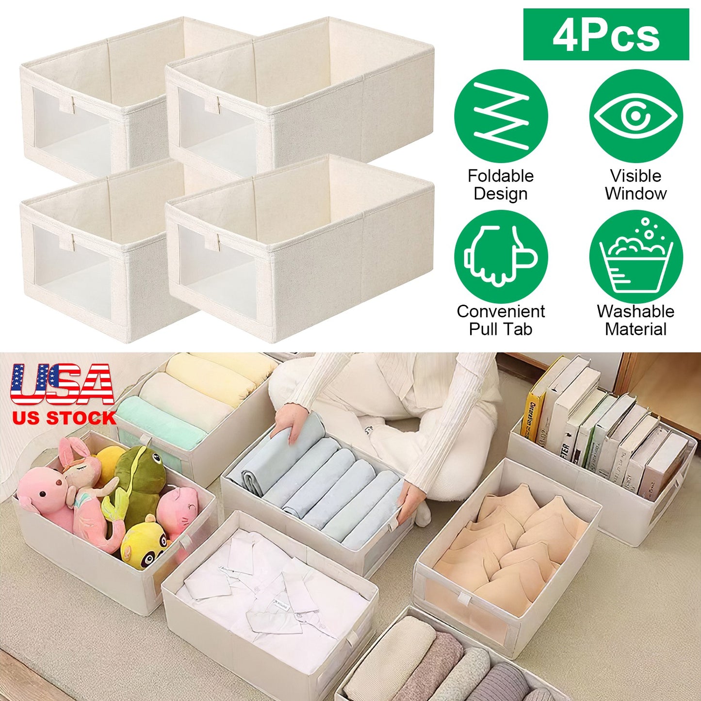 Foldable Linen Storage Bins with Clear Window - Set of 4