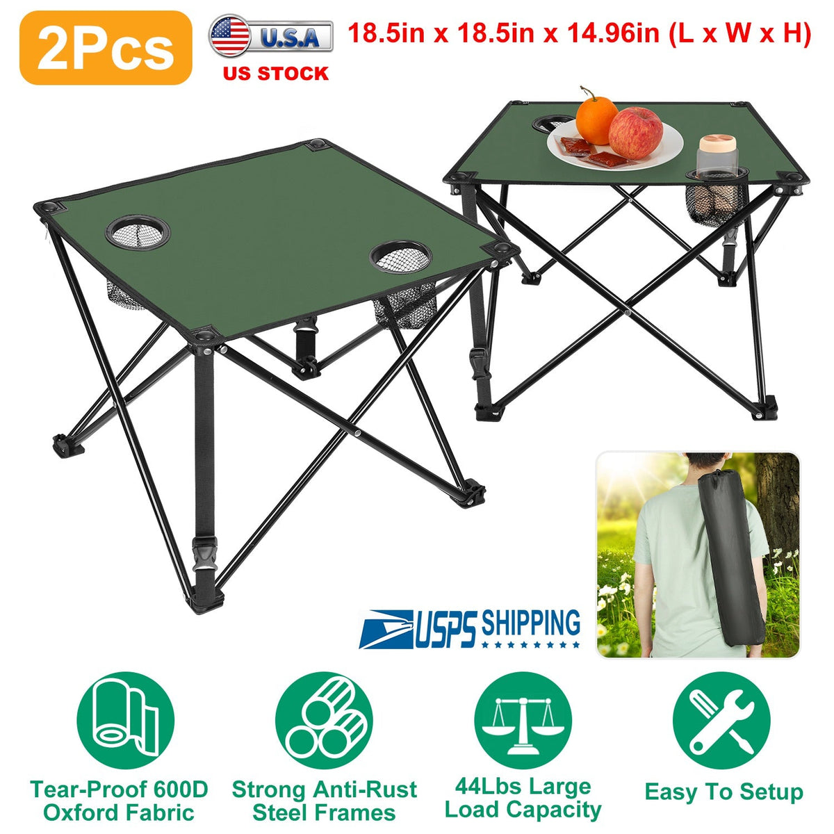 2Pcs Foldable Camping Table Portable Picnic Table Lightweight Travel Desk with 2 Cup Holders/Table Carrying Bag
