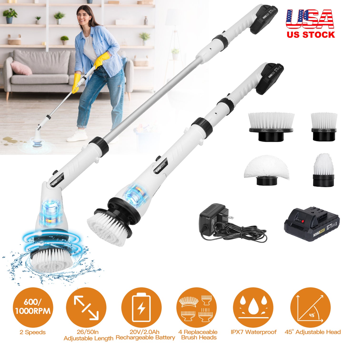 Electric Spin Scrubber with 4 Brush Heads & Extension Rod