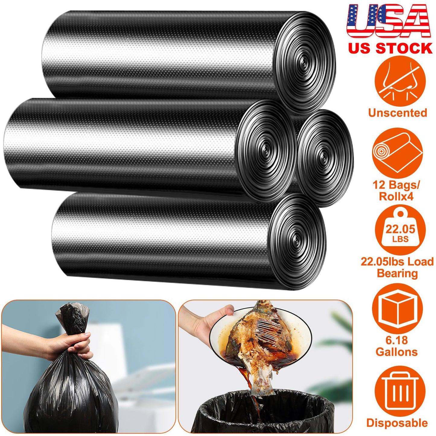 6.18 Gallon Trash Bags - 48 Count Black Unscented Liners