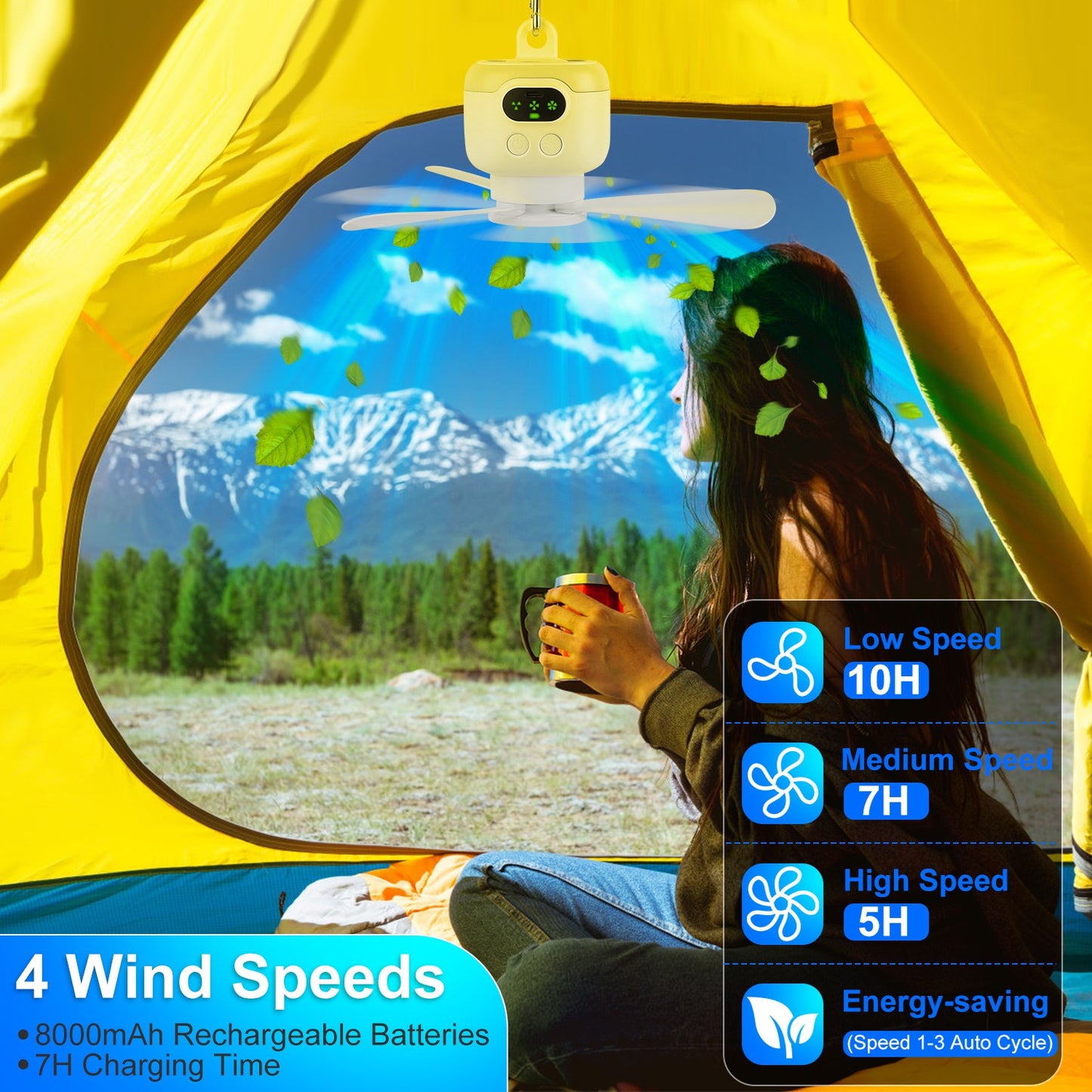 Portable Camping Fan with LED Lantern 8000mAh Battery Powered