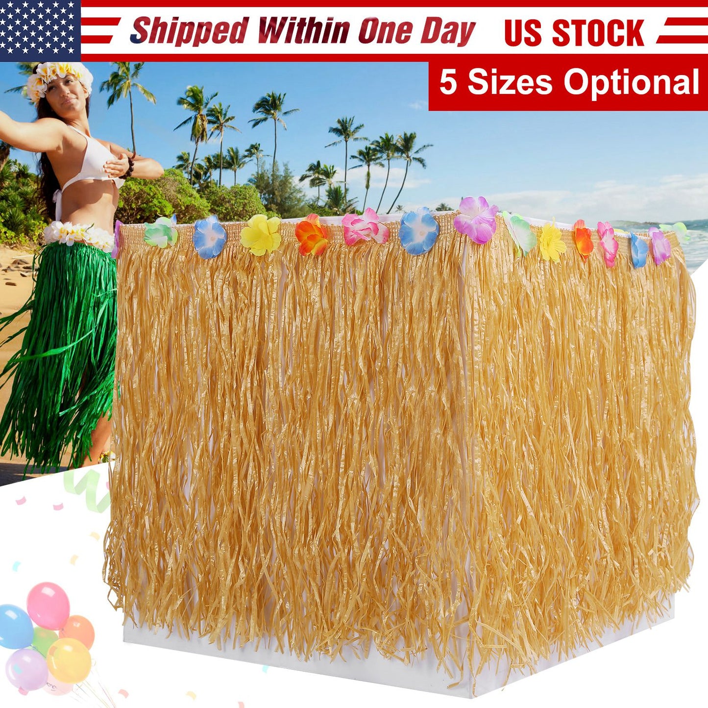 Grass Table Skirt with Hibiscus Flowers for Luau Party