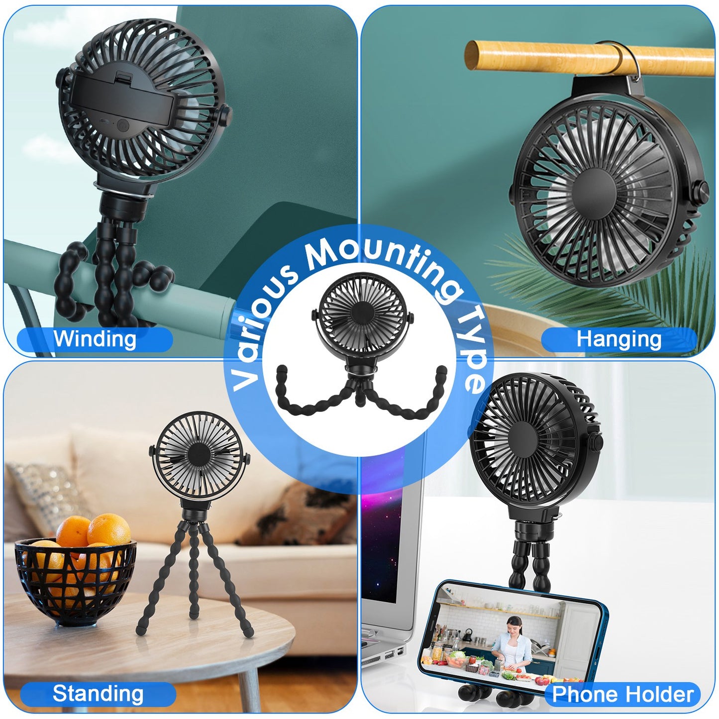 Portable Stroller Fan with Flexible Tripod & Rechargeable Battery