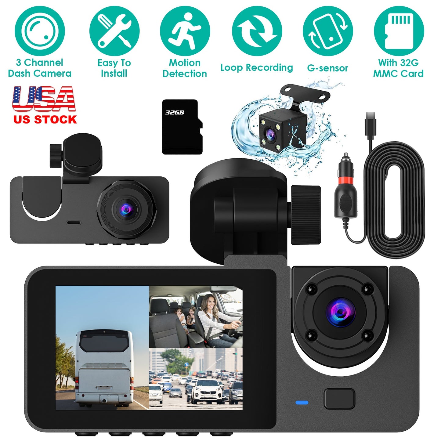 3-Channel Dash Cam with Front, Inside & Rear Cameras