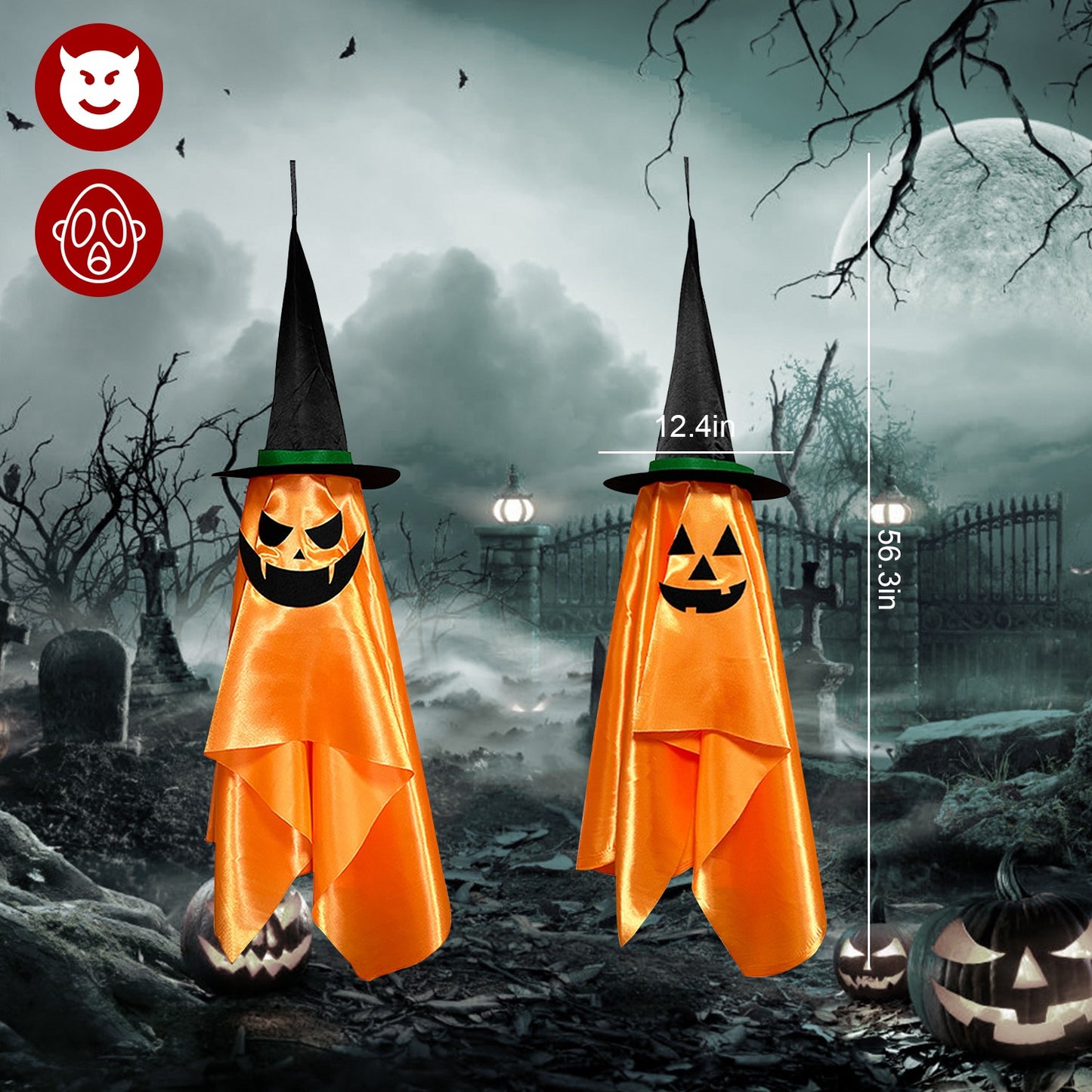 Hanging Pumpkin Wizard Hat Ghosts - 2 Pack Halloween Decoration