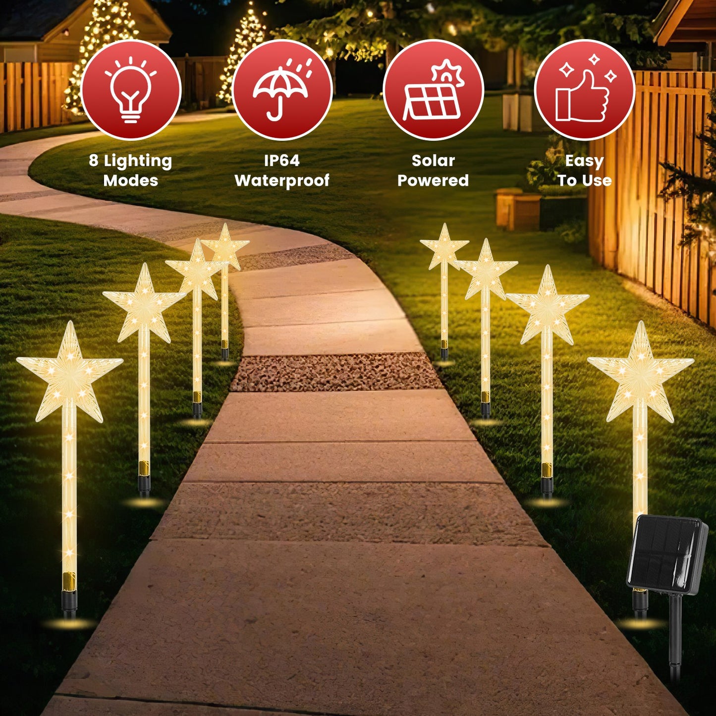 Solar Christmas Star Stake Lights 8-Pack with 8 Lighting Modes