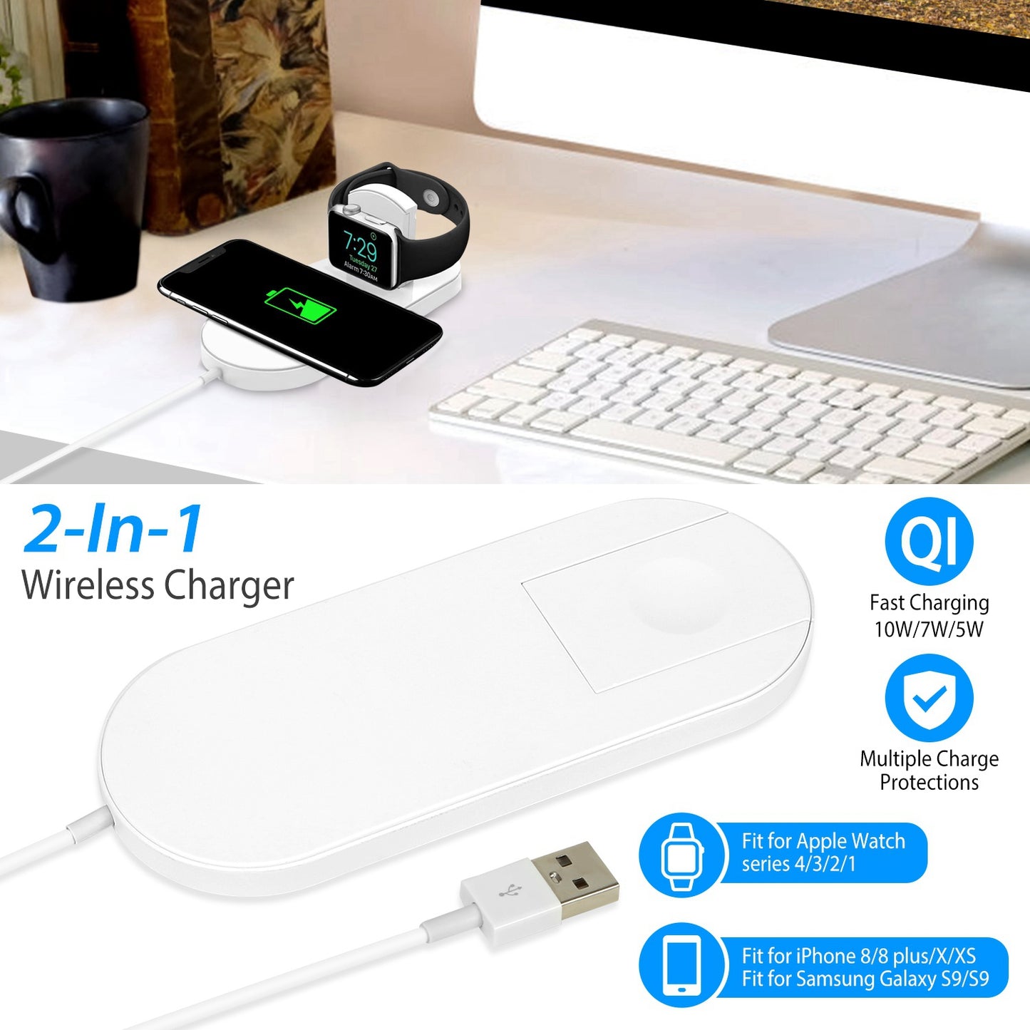 2-in-1 Wireless Charger for iPhone & Apple Watch - 10W Qi Pad