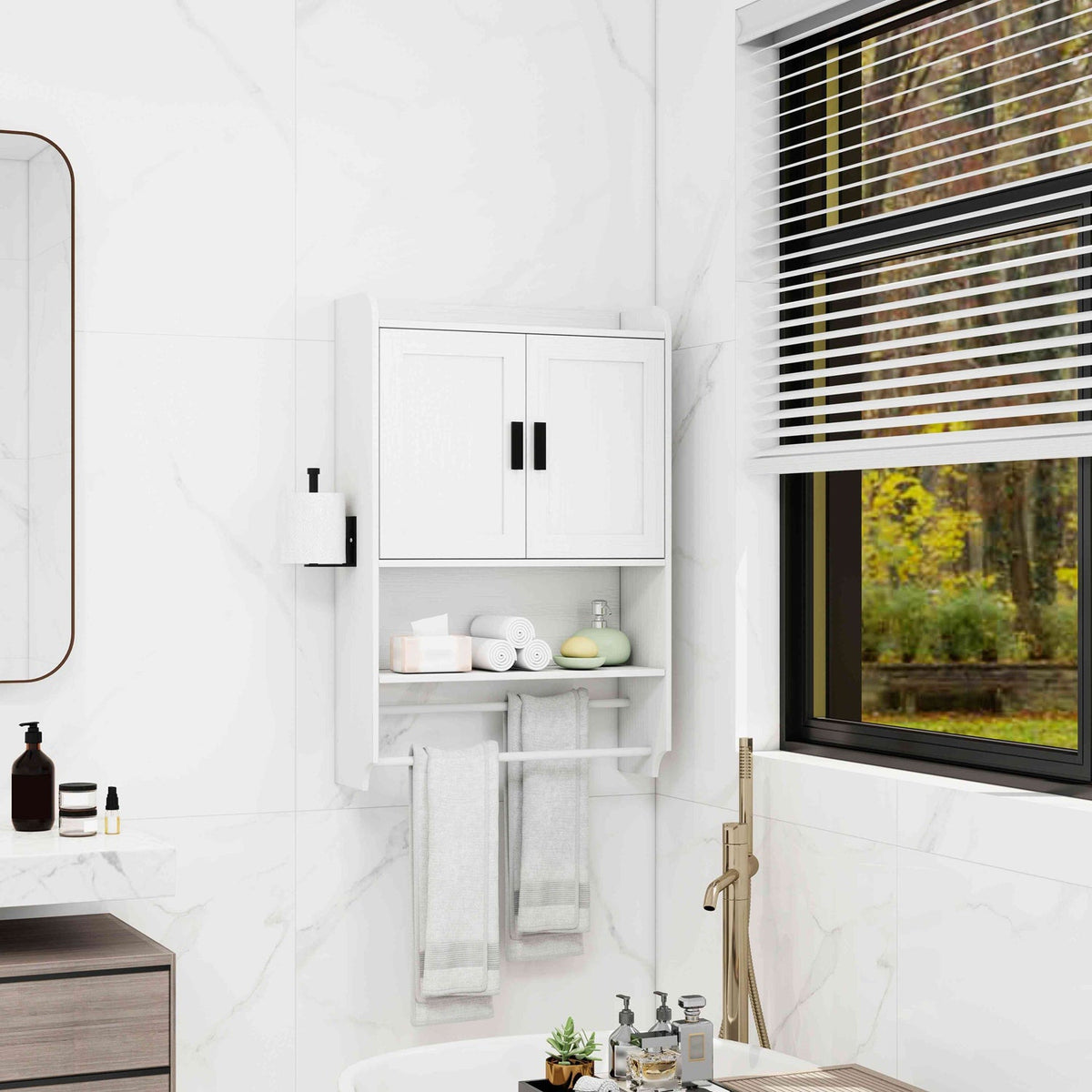 Wall Mounted Bathroom Cabinet with Towel Bar & Toilet Paper Holder