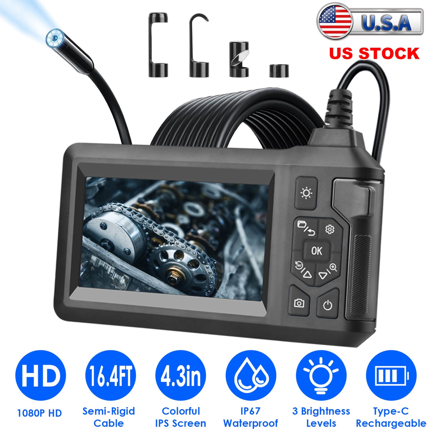 1080P Endoscope Camera with 4.3" Screen and 16.4FT Cable