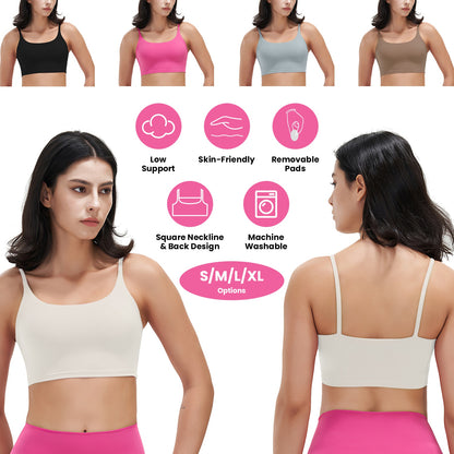 Women Strap Sport Bras Padded Strappy Crop Square Neck Low Impact Bras Sexy Fitness Tank Tops with Removable Pads Flat Straps for Gym Yoga Workout Run