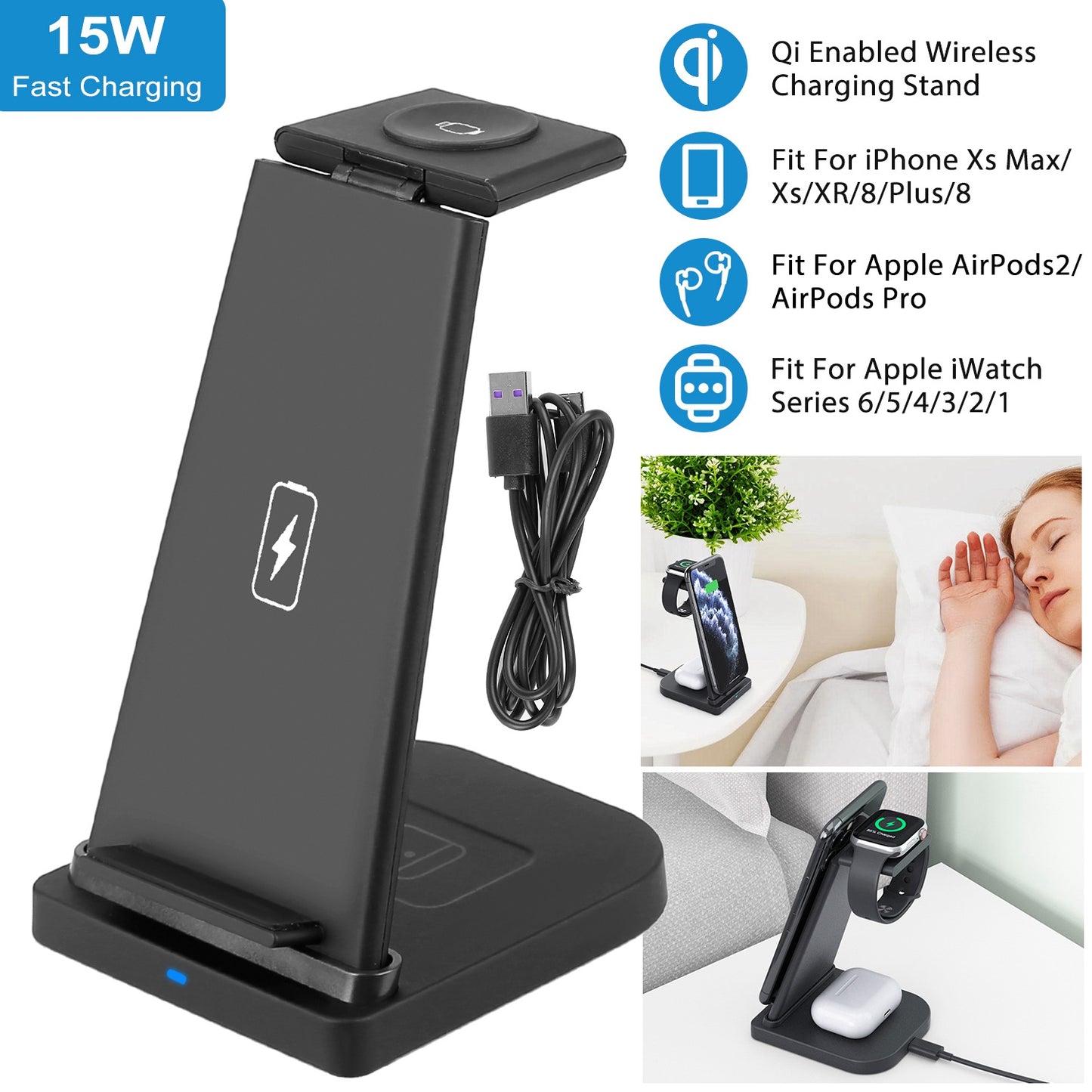 3-in-1 Wireless Charging Station 15W Fast Charge Dock