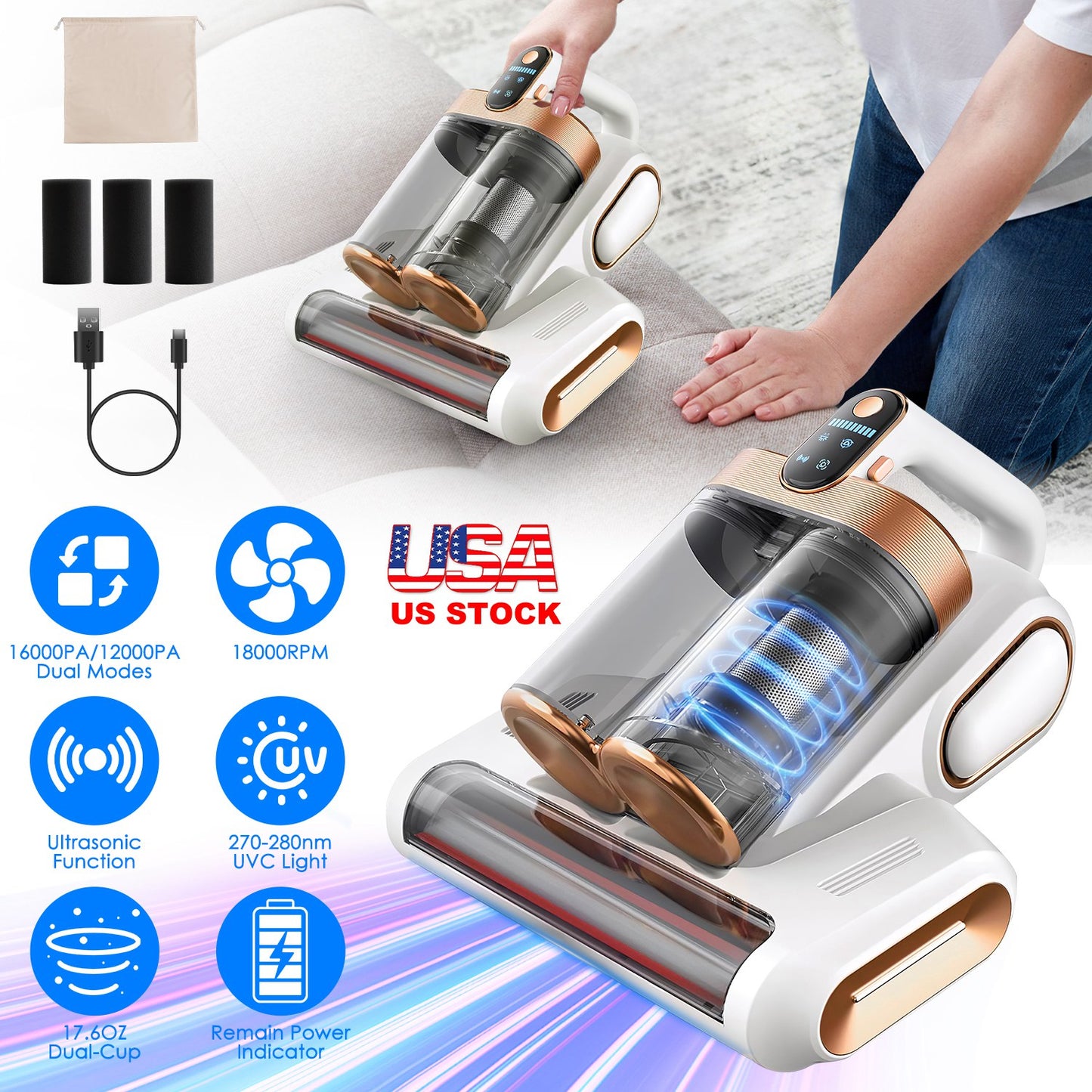 Mattress Vacuum Cleaner with UV Light & 16KPA Suction