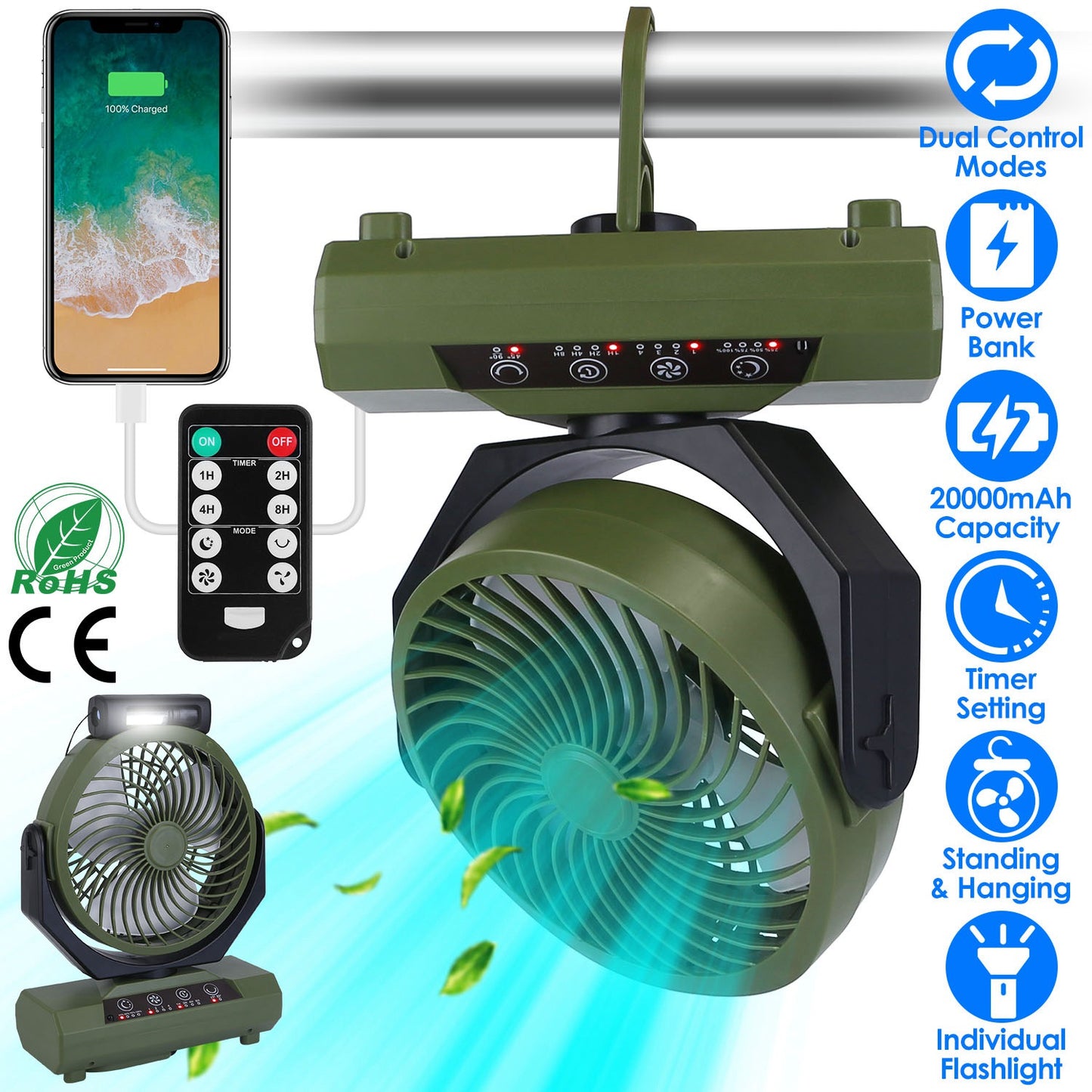 Rechargeable Camping Fan with Flashlight & Power Bank 20000mAh