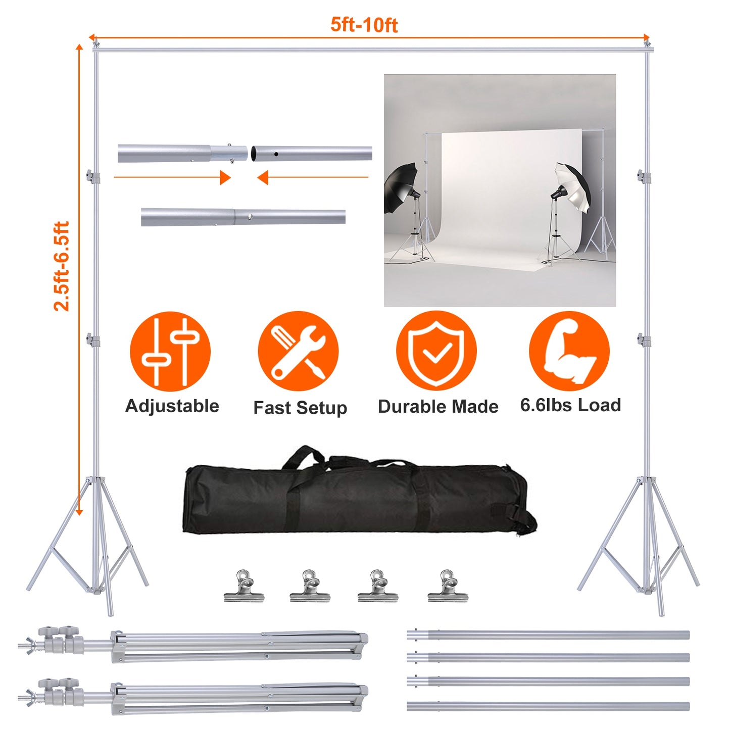 Backdrop Stand 6.5x10ft Adjustable Photography Support System