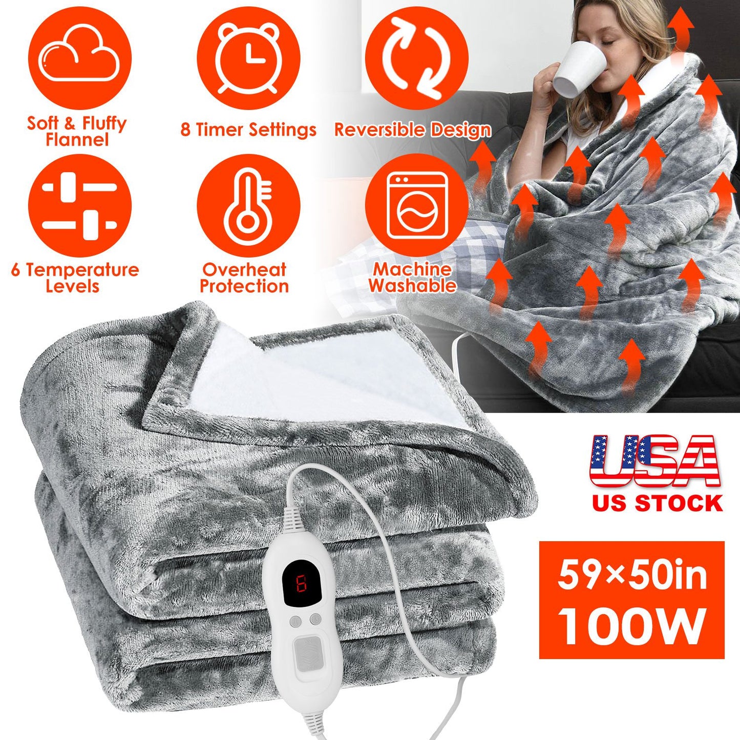Electric Heated Throw Blanket with 6 Heat Settings, 59x50in