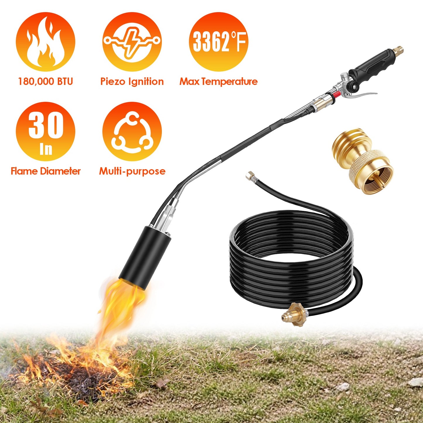 180,000 BTU Propane Weed Torch with 10FT Hose & Piezo Ignition
