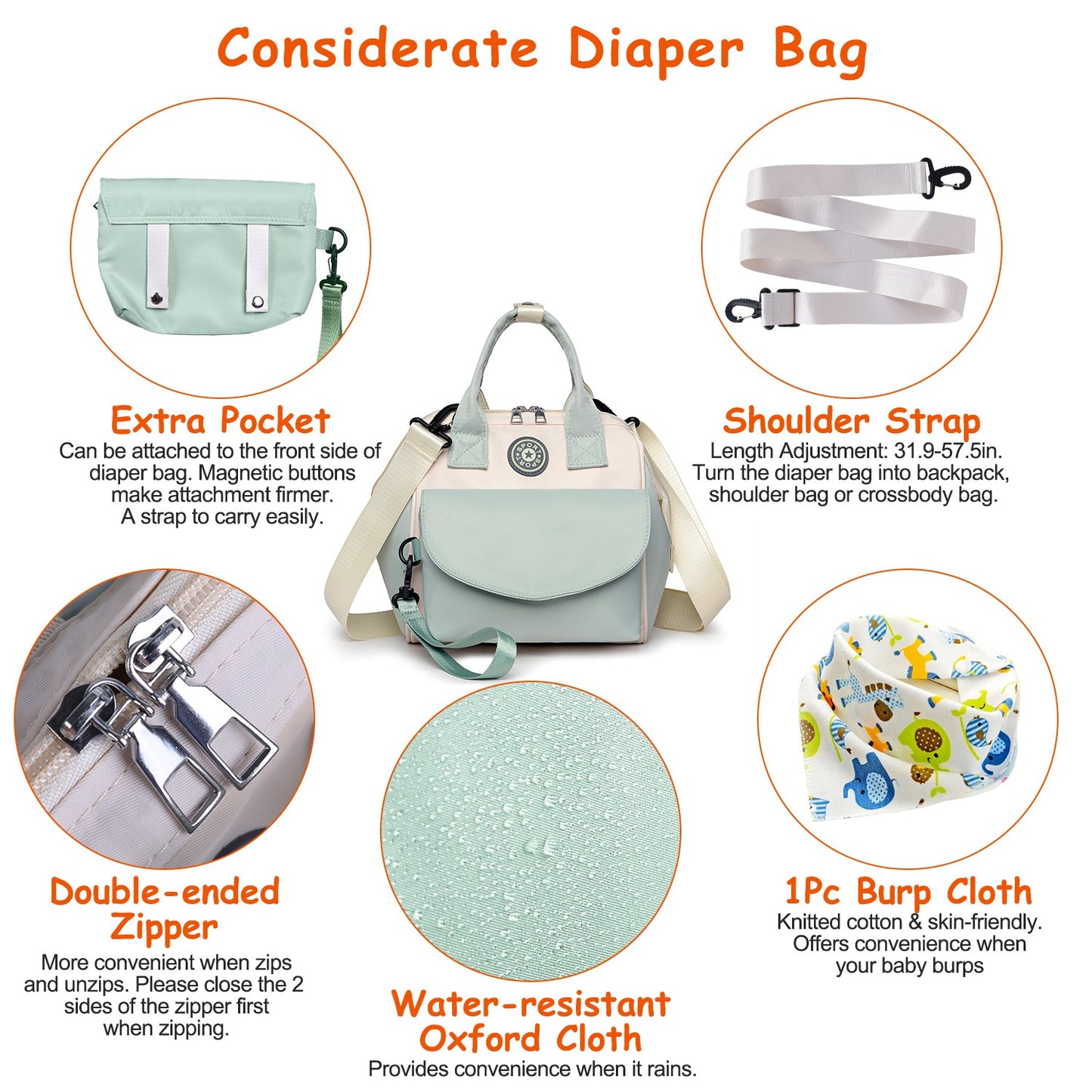 Diaper Bag with 6 Pockets and Detachable Small Bag