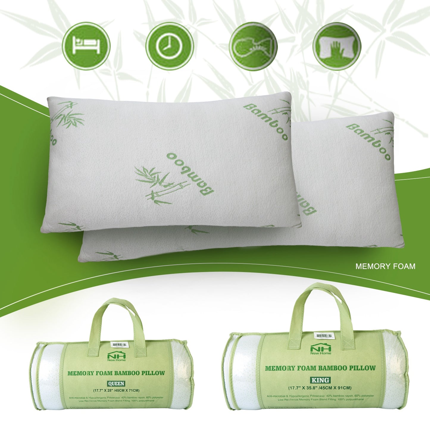 Memory Foam Pillow Set with Bamboo Cover - Queen Size (2-Pack)