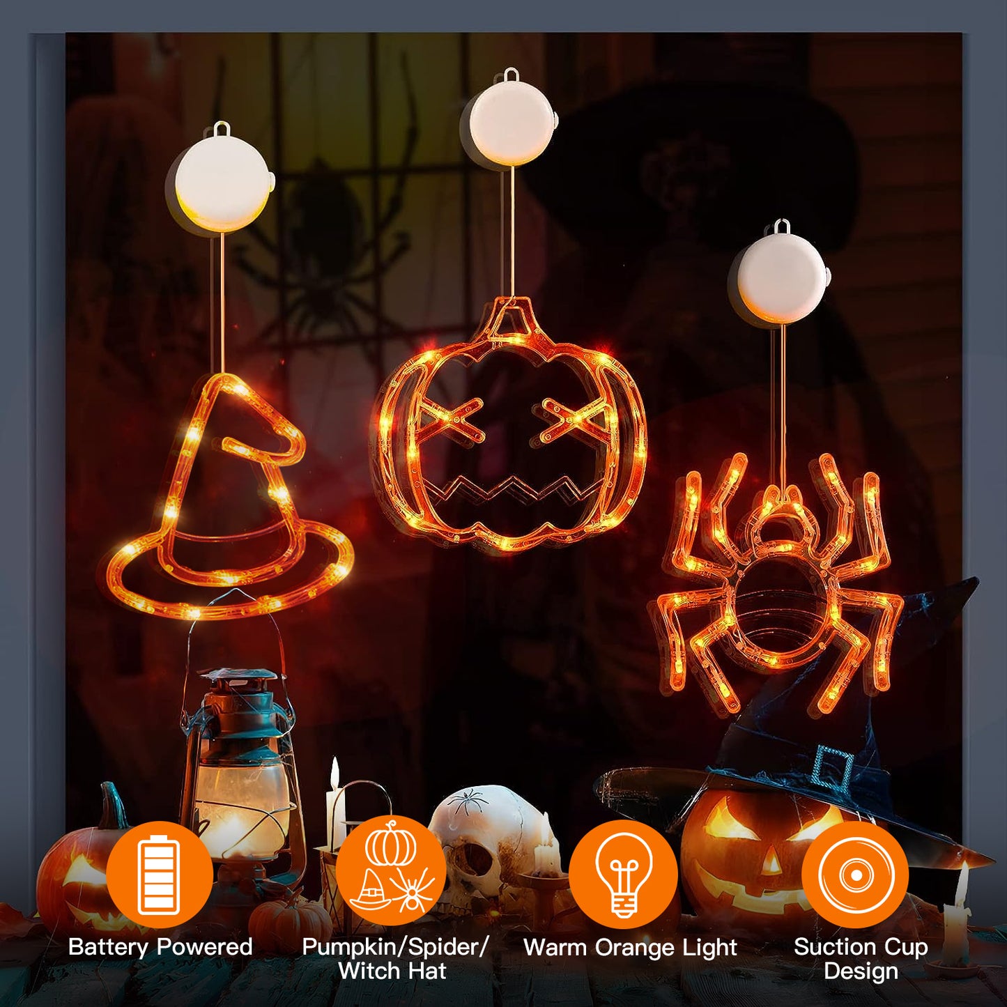 Halloween Window Light Set - Spider, Witch Hat & Pumpkin