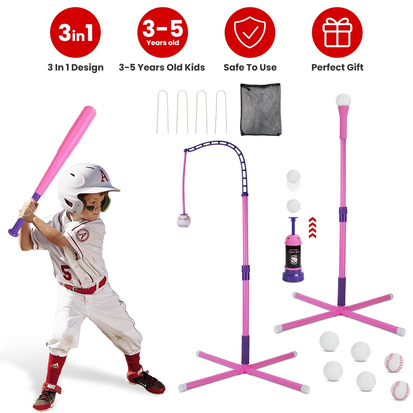 3-in-1 Baseball Toy Set with Adjustable Tee & Launcher