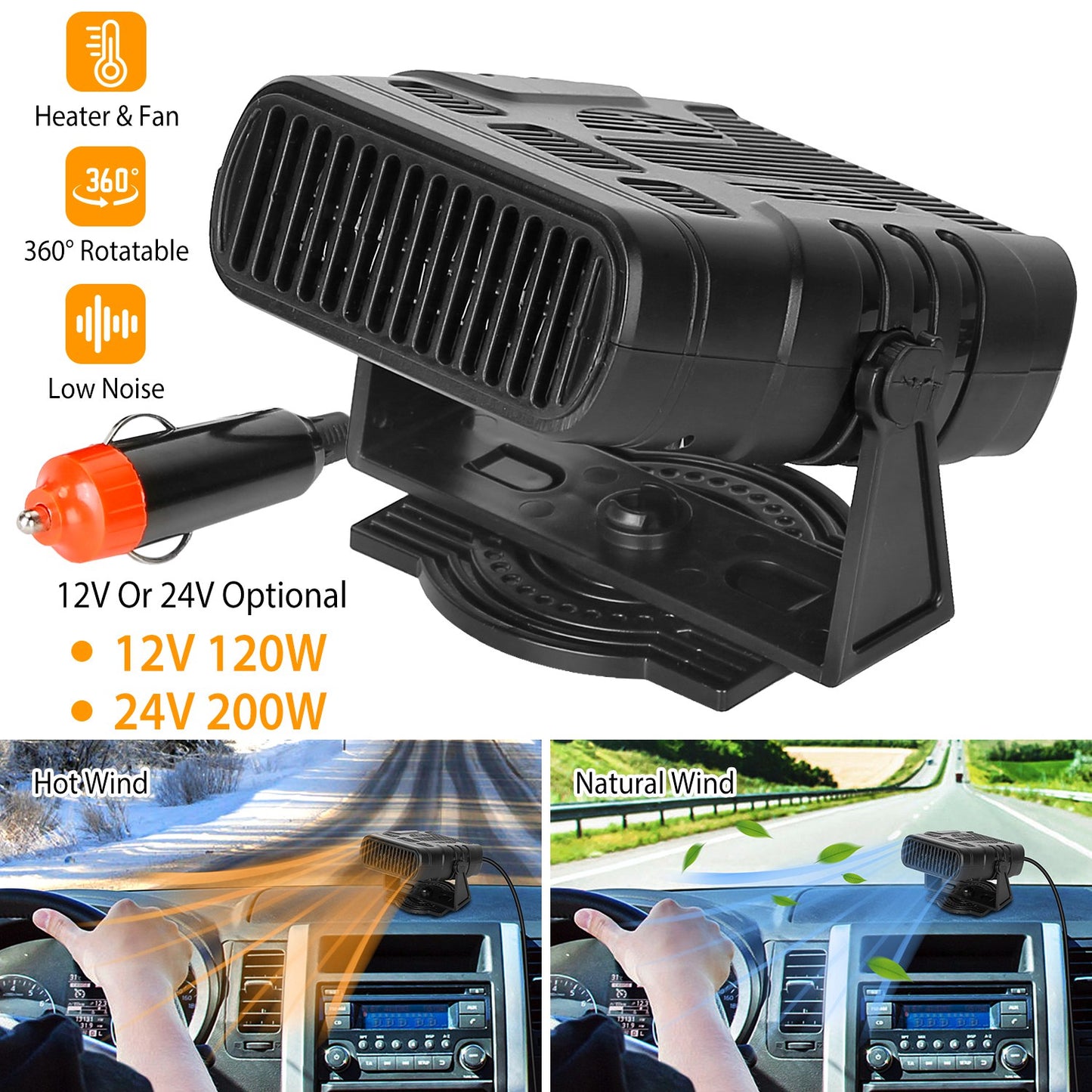 24V Portable Car Heater 200W 2-in-1 Defroster Fan