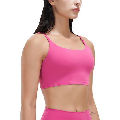 Women Strap Sport Bras Padded Strappy Crop Square Neck Low Impact Bras Sexy Fitness Tank Tops with Removable Pads Flat Straps for Gym Yoga Workout Run