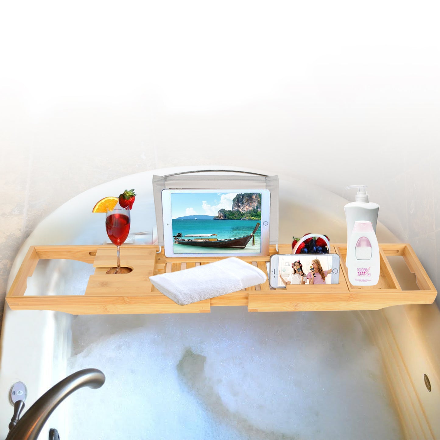 Bamboo Bathtub Caddy Tray with Extendable Arms & Wine Holder