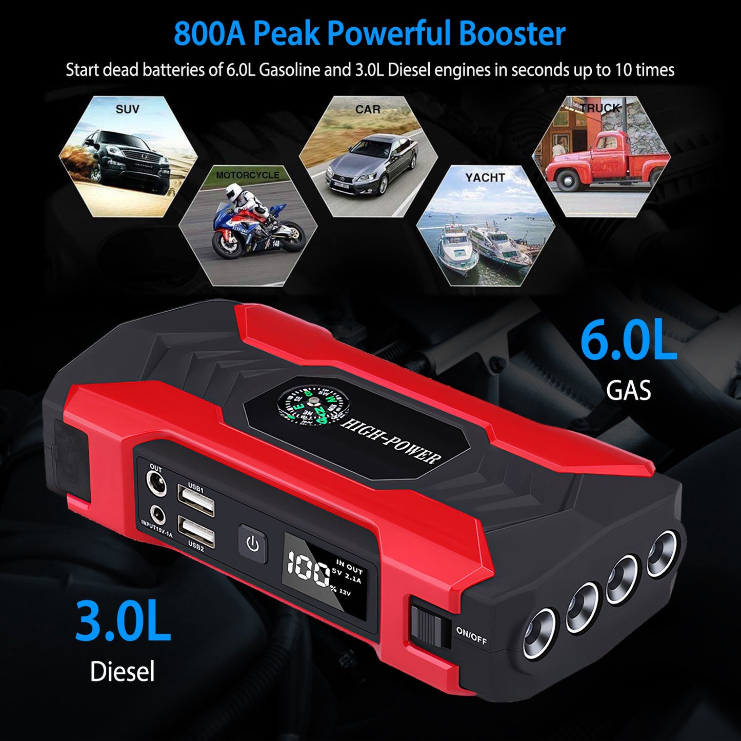 Car Jump Starter 800A 28000mAh with LCD Screen & LED Flashlight