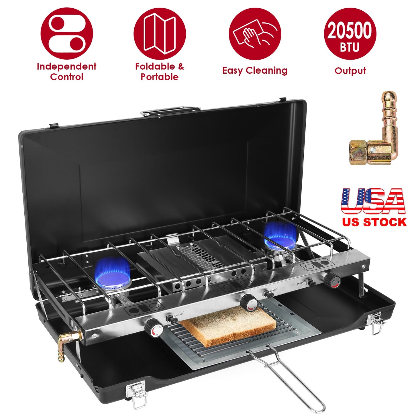 3 Burner Camping Stove 20000 BTU Portable Propane Gas Stove