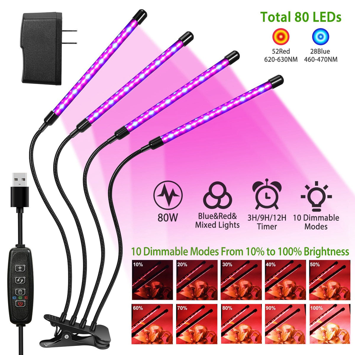 Grow Lights for Indoor Plants, iMounTEK 80W 80 LEDs Plant Lights with Red Blue Full Spectrum 10 Dimmable Level 360¡Adjustable Gooseneck 3/6/12H Timer