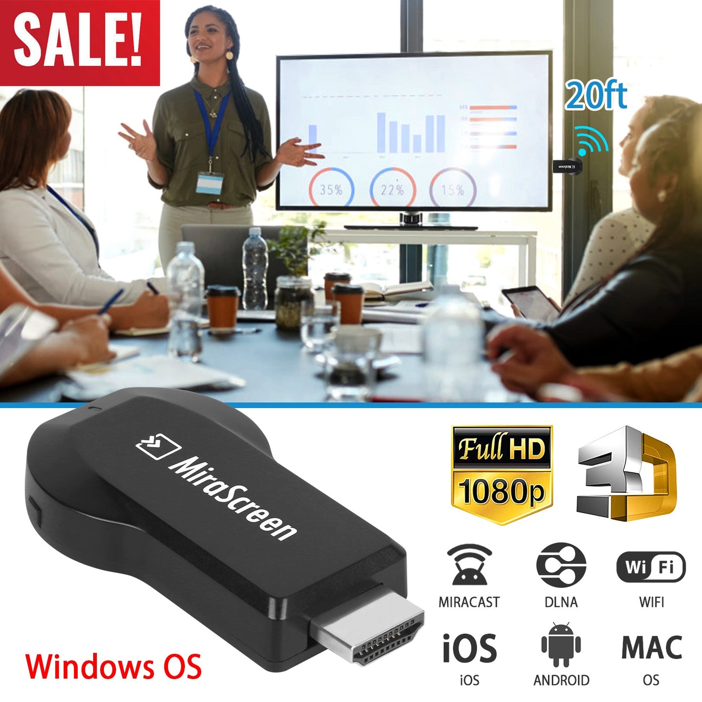 Wireless Display Adapter 1080P HDMI Miracast Dongle