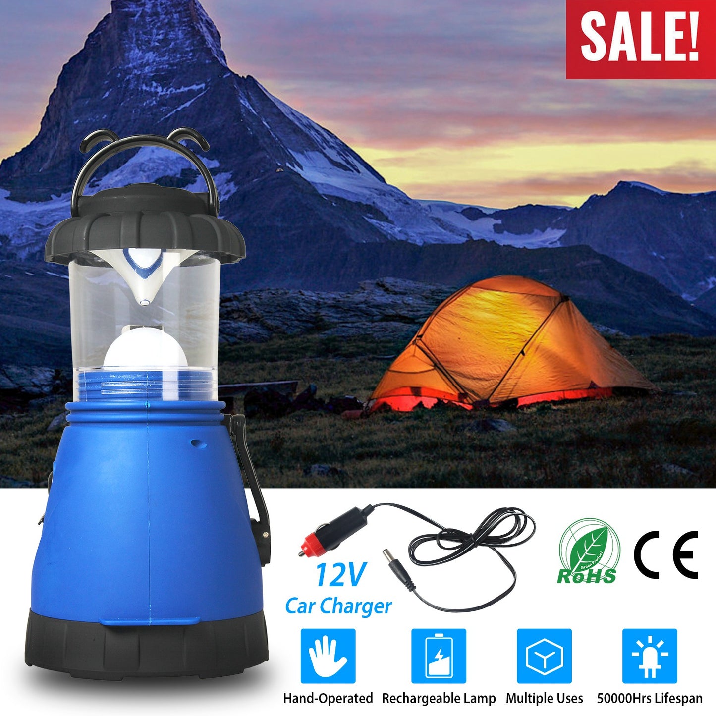 Hand Crank Camping Lantern with Spotlight & Car Charger