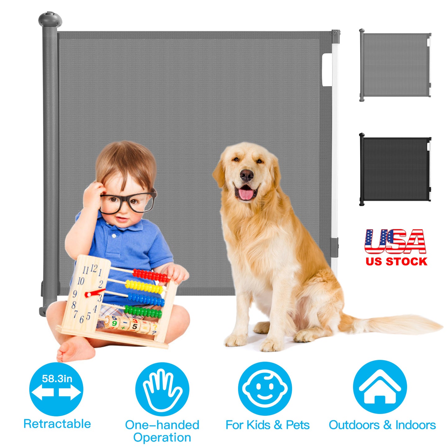 Retractable Baby Gate 58.3" Wide for Stairs & Doorways