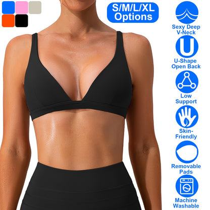 Women Deep V-Neck Sports Bras U-Shaped Back Sport Bras Padded Strappy Crop Open Back Low Impact Bras Sexy Fitness Tank Tops with Removable Pads for Gy