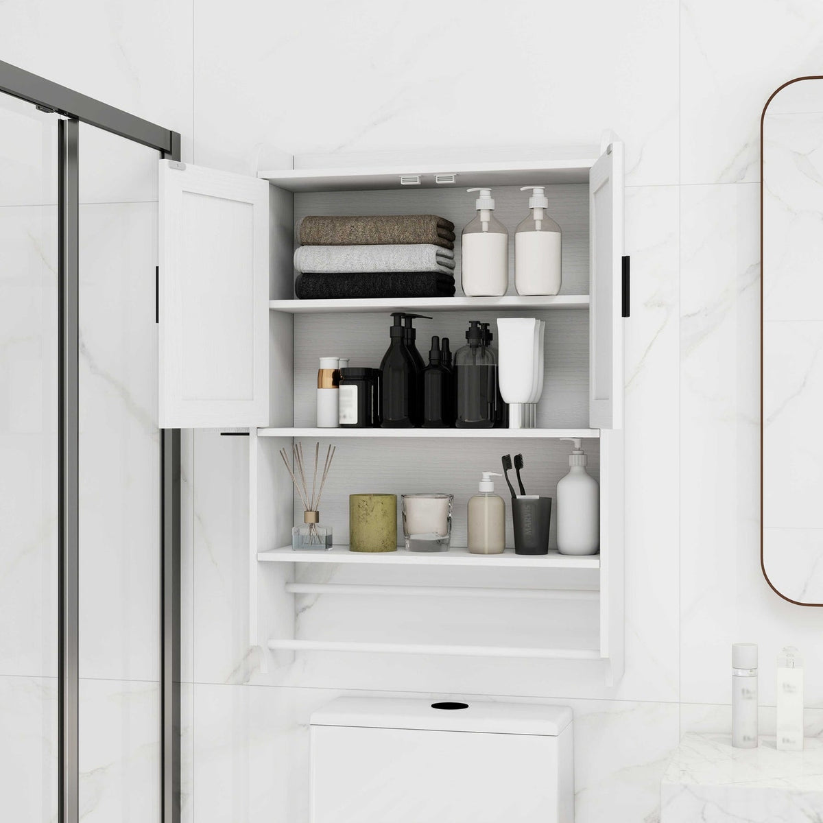 Wall Mounted Bathroom Cabinet with Towel Bar & Toilet Paper Holder