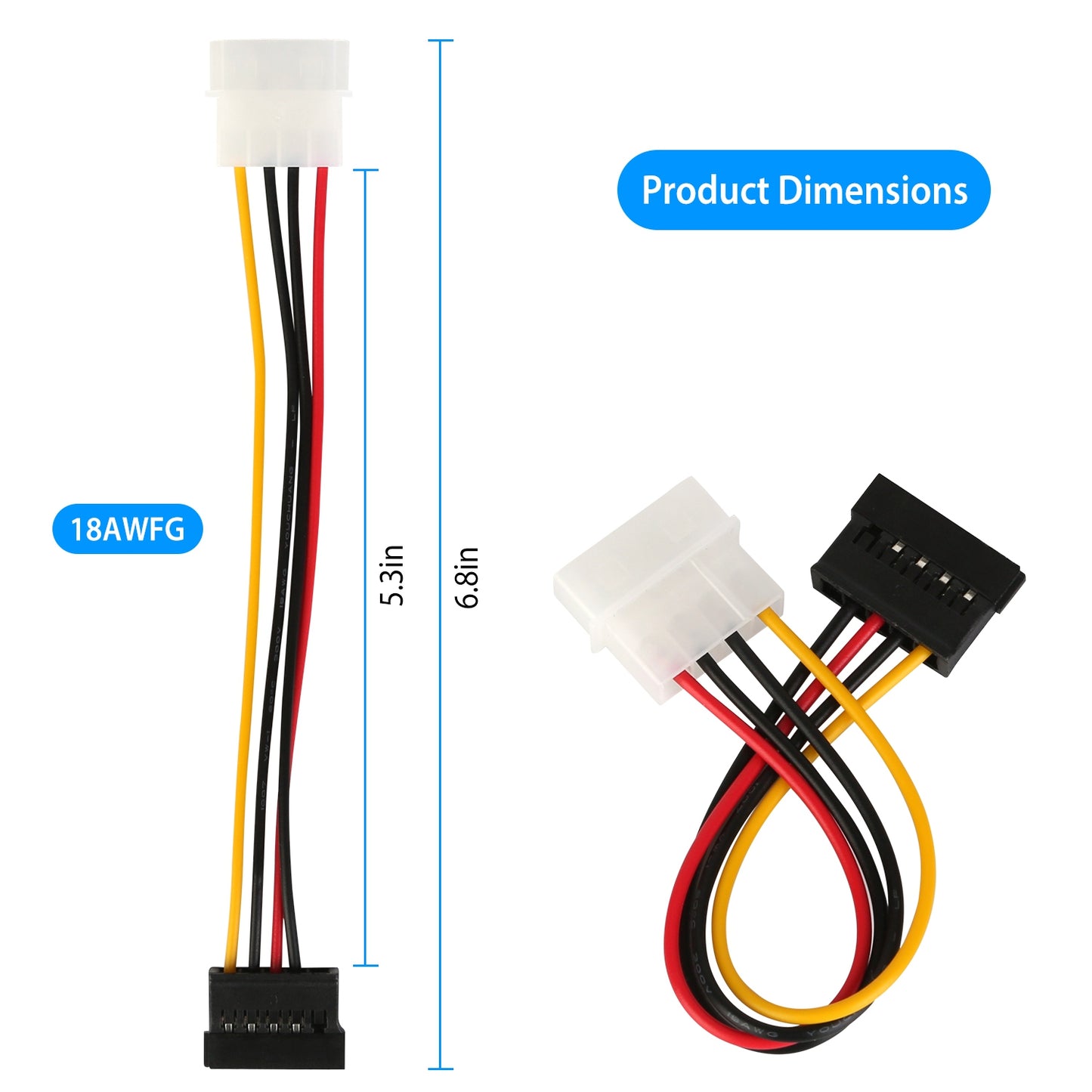4-Pin to 15-Pin SATA Power Adapter Cable - 2 Pack