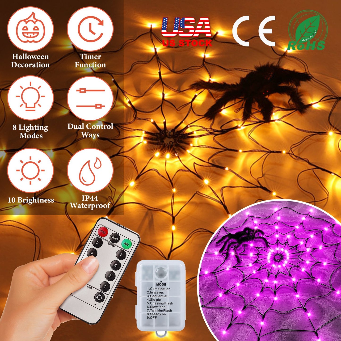 Spider Web Light with Hairy Spider - 70 LED Halloween Decoration