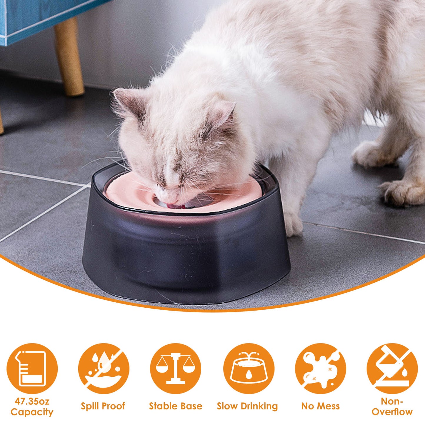 No Spill Dog Water Bowl 47oz Slow Feeder with Float Disk