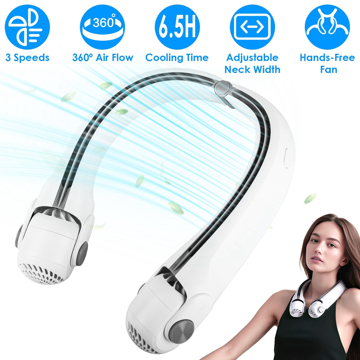 Portable Neck Hanging Fan with 360° Airflow & 3 Speeds