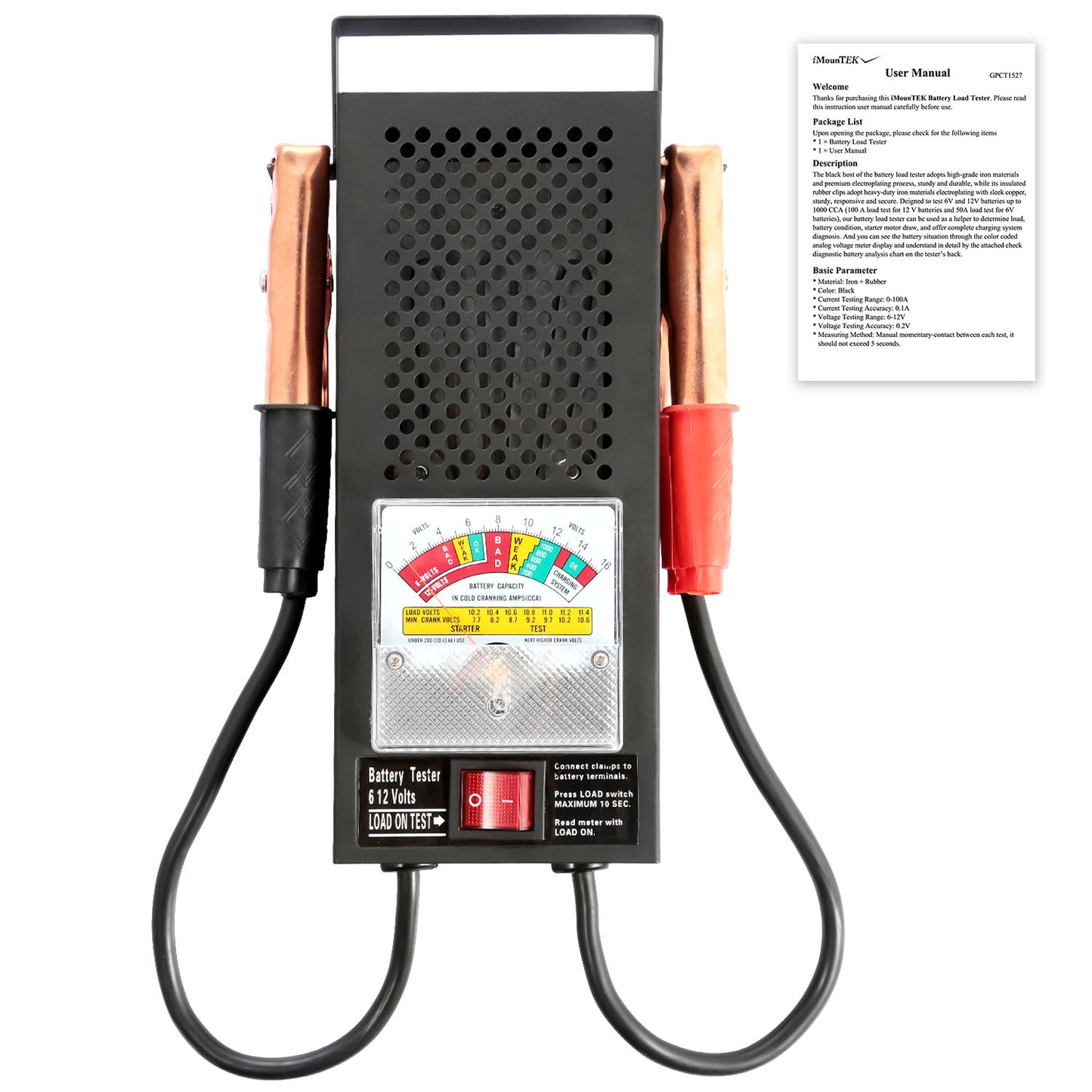 Battery Load Tester 6-12V 100A with Insulated Copper Clips