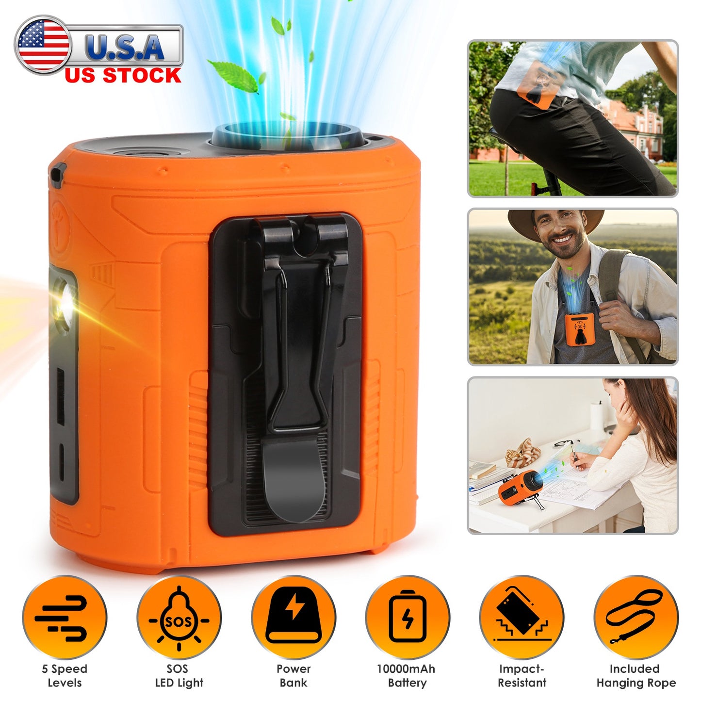 Portable Waist Clip Fan 5-in-1 with 10000mAh Power Bank