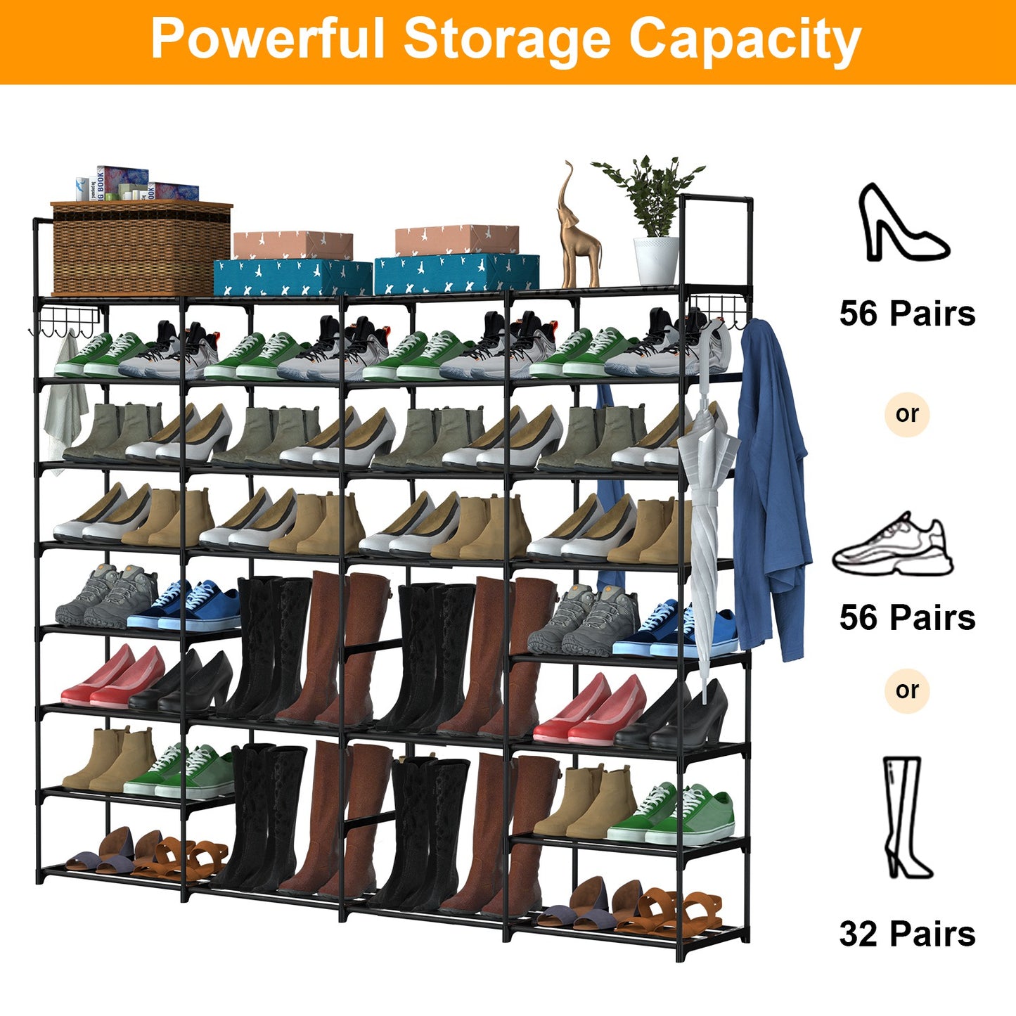8-Tier Metal Shoe Rack - Holds 56 Pairs with Hooks