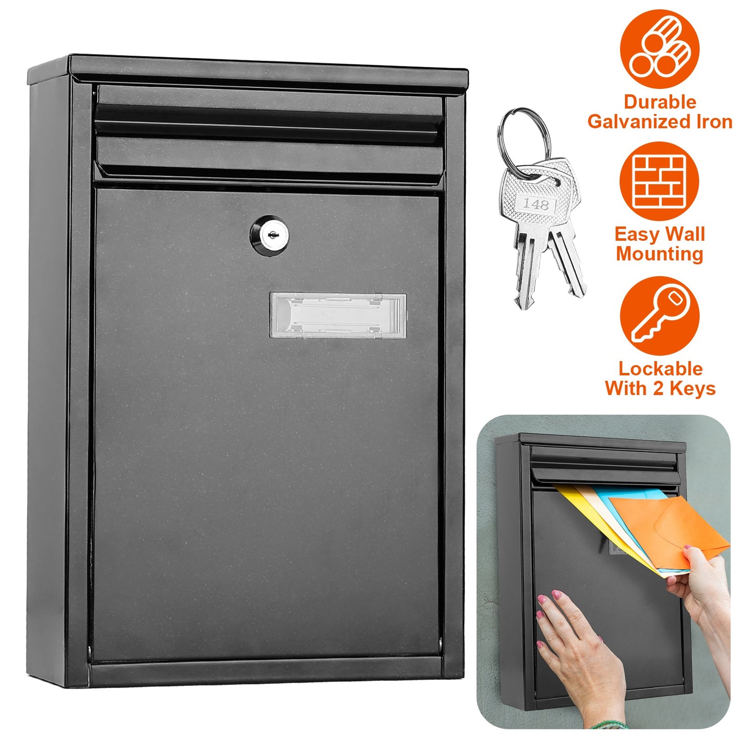 Wall Mount Mailbox with Lock - Galvanized Iron Secure Letter Box