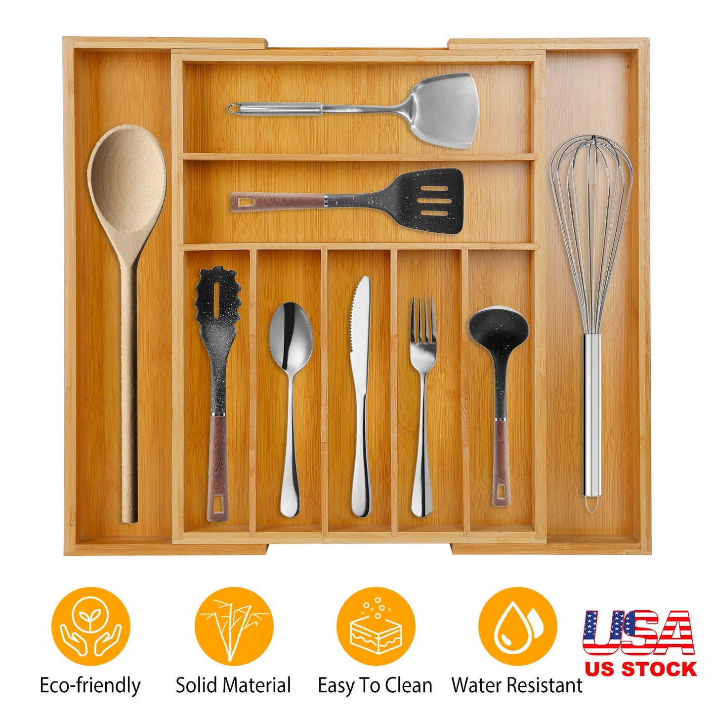 Expandable Bamboo Drawer Organizer with 9 Compartments
