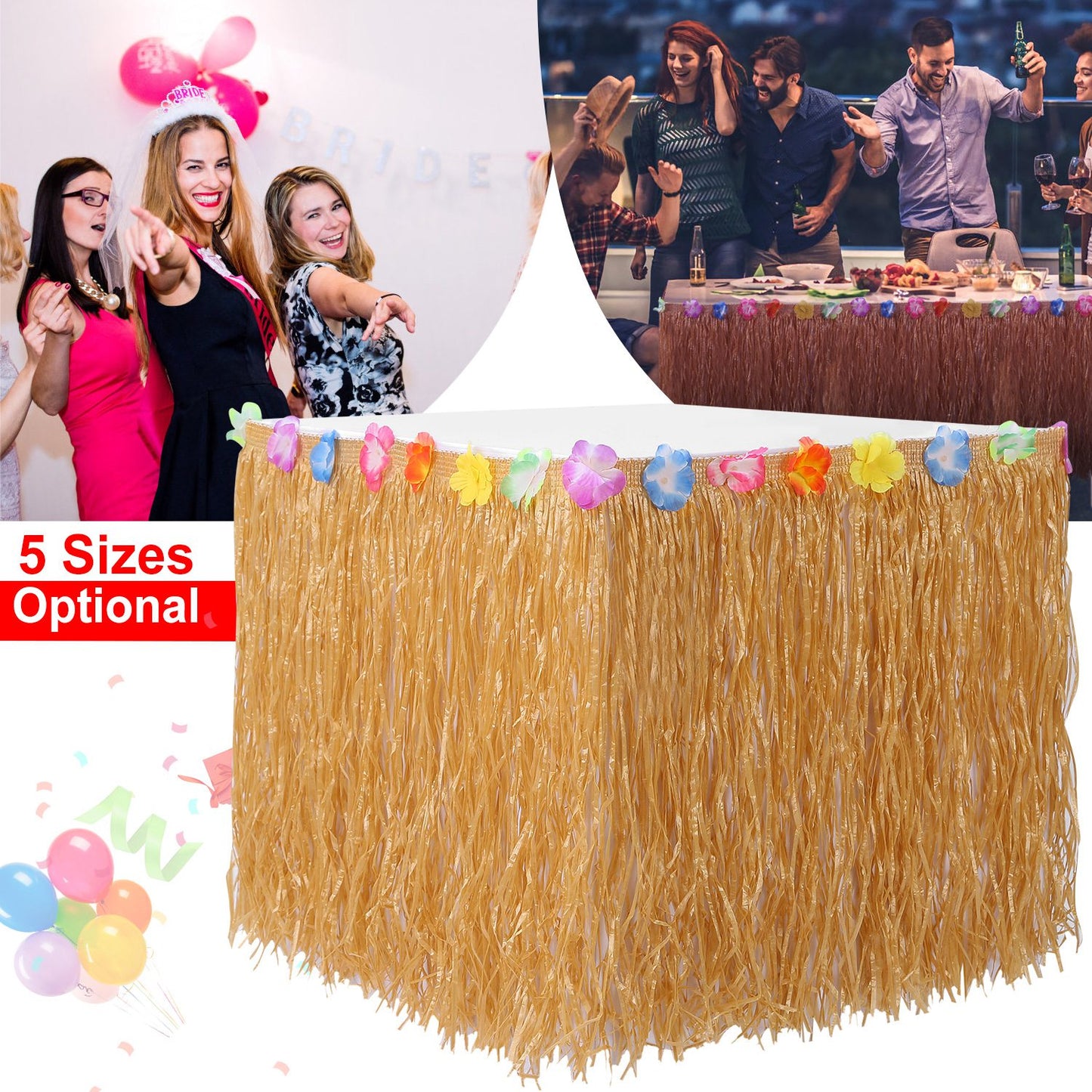 Grass Table Skirt with Hibiscus Flowers for Luau Party