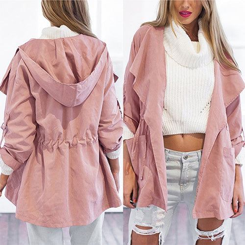 Women's Hooded Open Front Trench Coat - Lightweight Cotton Blend
